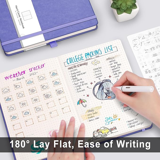 AHGXG Dotted Journal - 320 Numbered Pages Dot Grid Notebook A5 Thick Journal, 100gsm Thick Dotted Paper, Leather Hardcover, Inner Pocket, 5.75'' × 8.38'', Purple