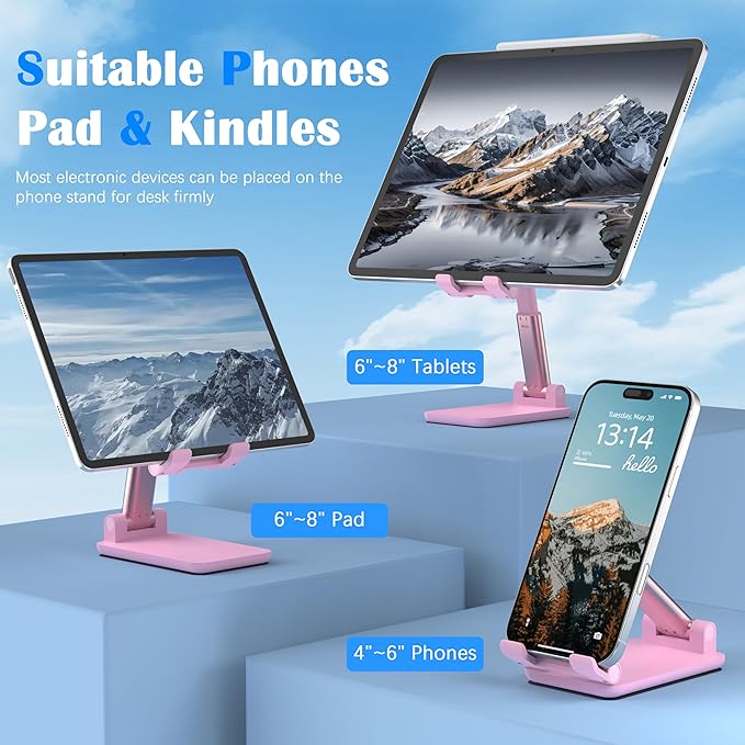 Cell Phone Stand, Adjustable Angle and Height Cell Phone Holder for Desk, Foldable and Portable, Anti-Slip Silicone Pad, Compatible with All Mobile Phones and 4-8 Inch Devices (Pink&Pink)