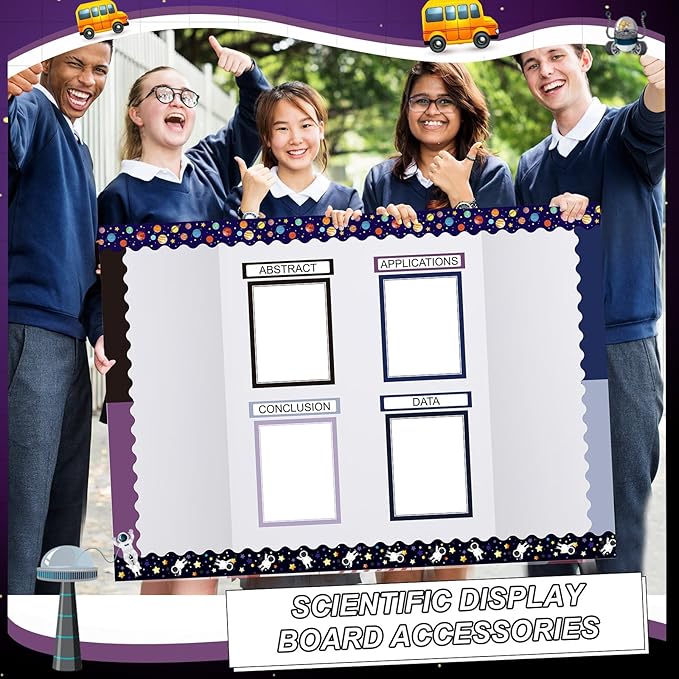 Fuyoooo 90 Pcs Science Fair Board Supplies 60 Trim Scalloped Bulletin Borders 24 Presentation Board Subtitles 6 Science Fair Titles for Classroom Display Boards(Space)