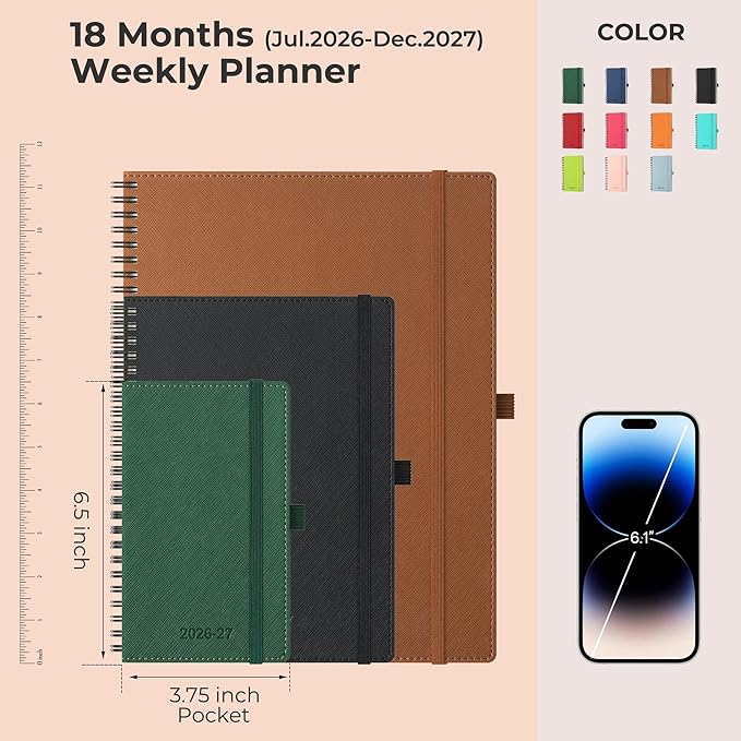 Planner 2026-2027 Daily Weekly and Monthly,6.5"x3.75",18 Months Spiral Bound Calendar Agenda with Self-adhesive Pen Holder,2026 Academic Plan with Vegan Leather Soft Cover,Green