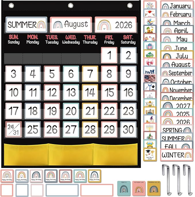 Black Classroom Calendar Pocket Chart with 89 Cards for Students Kids Large Classroom Calendar Pocket Chart for Home School Teacher Supplies (Rainbow Theme)