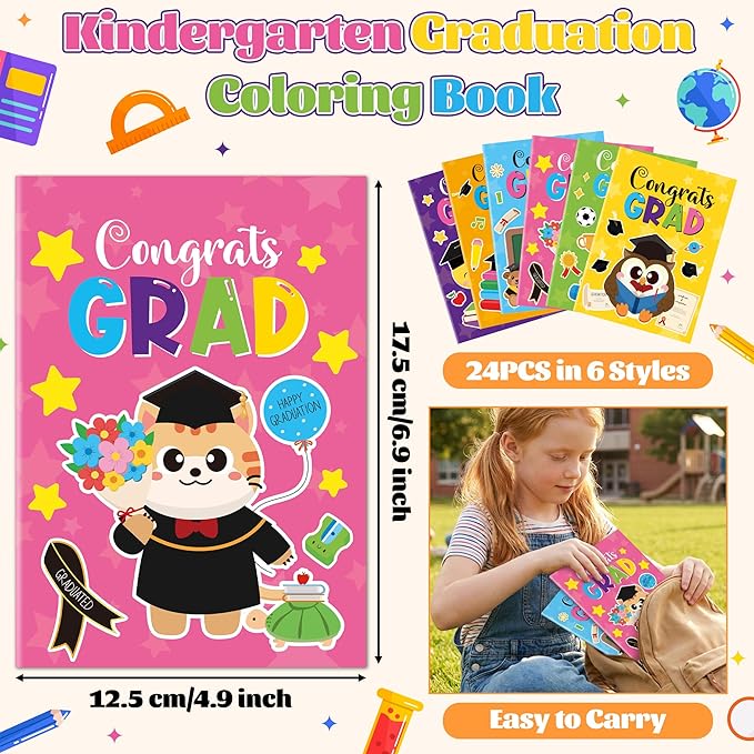 JAPBOR Kindergarten Graduation Coloring Books - 24PCS Mini Color Activity Book Bulk for Kids Preschool Graduate Activities Party Favor, Congrats Grad Small DIY Colour Pages for Classroom Game Gifts