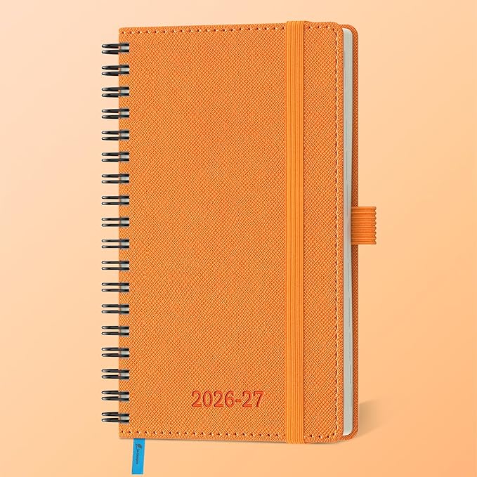 Planner 2026-2027 Daily Weekly and Monthly,6.5"x3.75",18 Months Spiral Bound Calendar Agenda with Self-adhesive Pen Holder,2026 Academic Plan with Vegan Leather Soft Cover,Orange