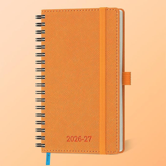 Planner 2026-2027 Daily Weekly and Monthly,6.5"x3.75",18 Months Spiral Bound Calendar Agenda with Self-adhesive Pen Holder,2026 Academic Plan with Vegan Leather Soft Cover,Orange