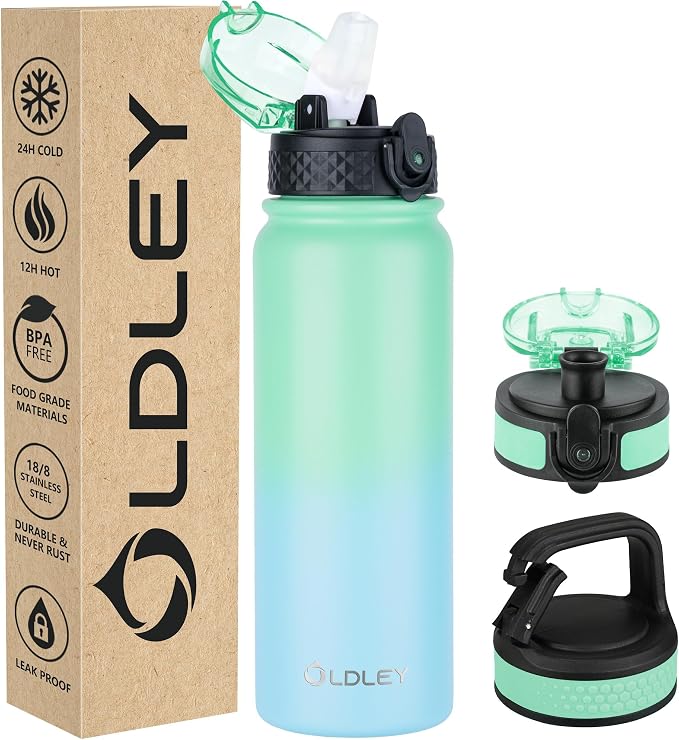 Oldley Insulated Water Bottle 20oz Water Bottles with Straw, Stainless Steel Water Bottle with 3 Lids, Double Wall Vacuum Bottles for Adult Kids, Sports Bottles for School Travel, Leaf Green-Blue