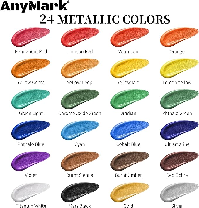 AnyMark Metallic Acrylic Paint, 24 Colors with 10 Brushes, 2 fl oz/60ml Bottles, Glitter Acrylic Paint Set for Kids Adults Canvas, Rock, Wood