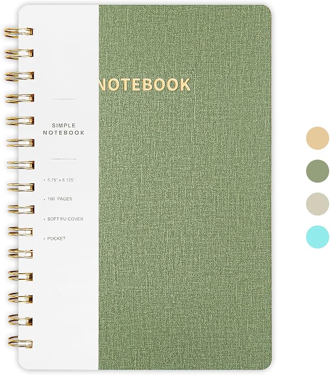 Spiral Notebook-5.75" x 8.125" College Ruled Journal with Inner Pockets and 160 Pages,PU Leather Cover Business Journal, Twin-Wire Binding Notebook Perfect for Office & Home School Supplies Army Green