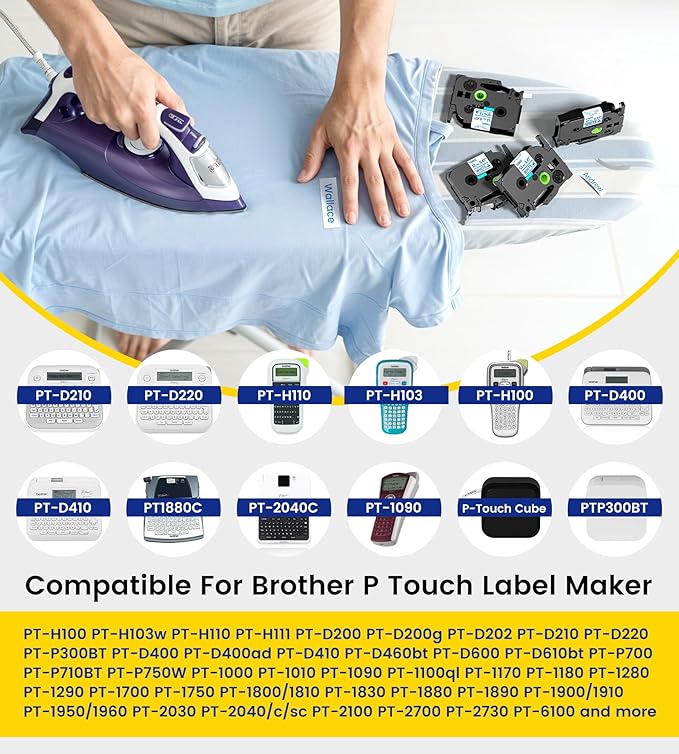 TZe-FA3 Fabric Iron-on Label Tape Compatible with Brother P Touch Fabric Clothing Name Tape TZeFA3 12mm 0.47'' for PT-D210 PT-D400 PT-H100 PT-D200 PT-D600 Label Makers Navy Blue on White,4 pk