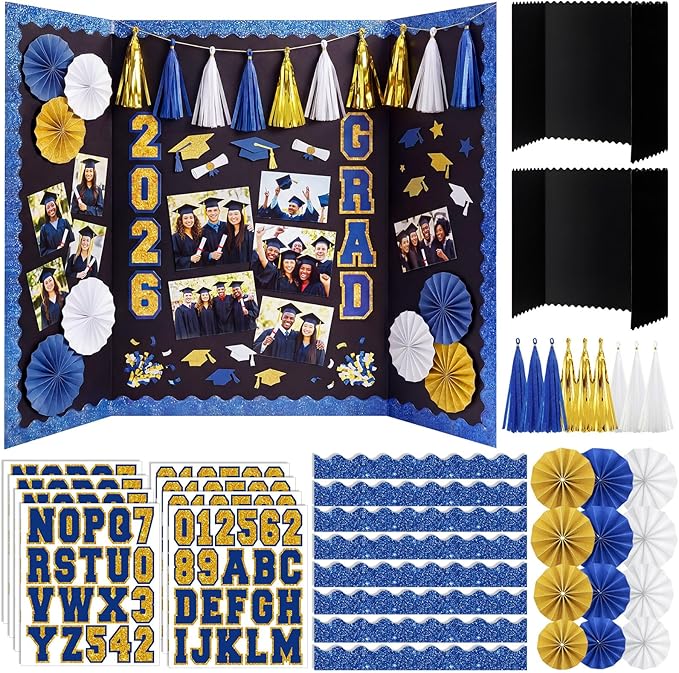 31 Pcs Graduation Photo Display Board Decoration 40"x28" Trifold Poster Board Graduation Themed Stickers Grad Fan Tassel Garland for 2026 Grad Party College Picture Frame(Blue Gold Silver)