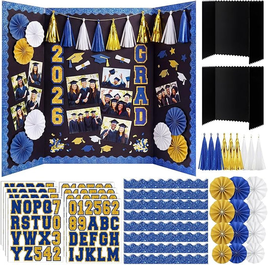 31 Pcs Graduation Photo Display Board Decoration 40"x28" Trifold Poster Board Graduation Themed Stickers Grad Fan Tassel Garland for 2026 Grad Party College Picture Frame(Blue Gold Silver)