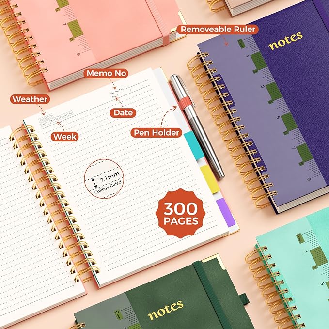 B5 Hardcover Spiral Notebook, 8"x10" College Ruled Notebooks with Removable Dividers Tabs & Ruler, 5 Subject Notebook 300 Pages, Large Lined Journal for Women Men School Work Office, Pink