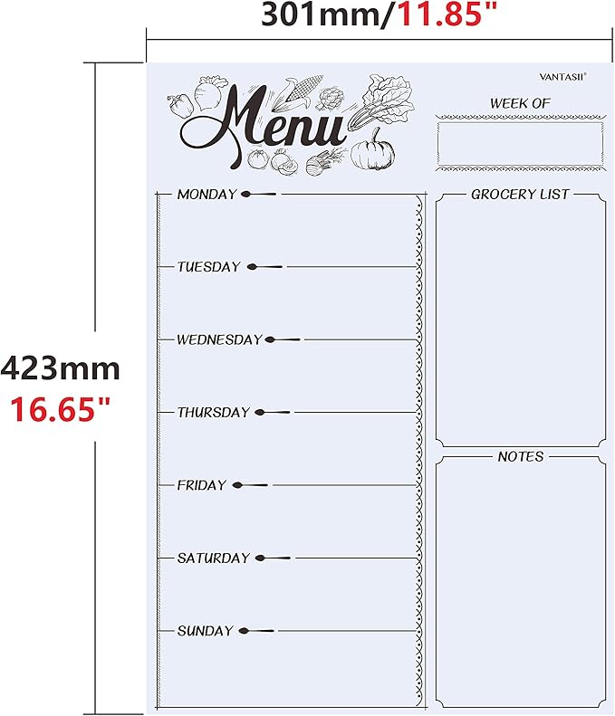 Magnetic Refrigerator Whiteboard,Weekly Menu, Meal Planner, Grocery Shopping List, Dry Erase Board, for Kitchen Fridge with 8 Color Magnetic Markers (16inchx12inch)