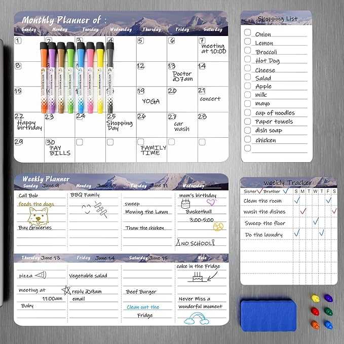 MARSROCK Refrigerator Calendar Magnetic, 16.3x11.7” (4-Pack) – Weekly & Monthly Planner, Chore Chart, Grocery/to-Do List for Fridge, Includes 8 Markers, 6 Magnets & 1 Eraser for Kitchen, Gray