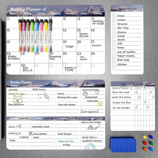 MARSROCK Refrigerator Calendar Magnetic, 16.3x11.7” (4-Pack) – Weekly & Monthly Planner, Chore Chart, Grocery/to-Do List for Fridge, Includes 8 Markers, 6 Magnets & 1 Eraser for Kitchen, Gray