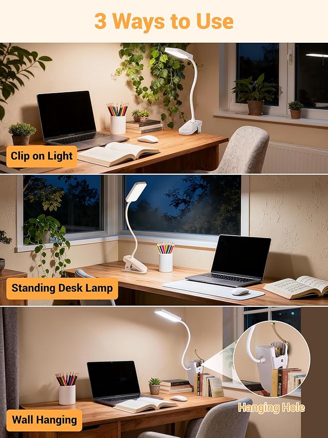 Clip on Lamp,9 Brightness+5 Color Clamp Light,4000mAh Battery Rechargeable Desk Lamp with Clamp,450 Lumen 48 LED Desk Light,Cordless Reading Lights for Books in Bed/Headboard/Bedside Table/Dorm Room