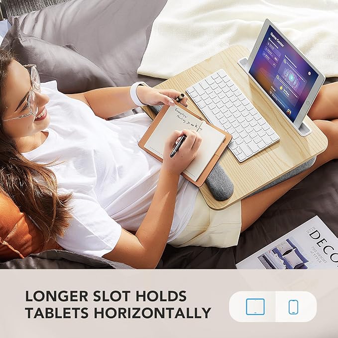 HUANUO Laptop Lap Desk - Portable Lap Desk with Pillow Cushion, Fits up to 15.6 inch Laptop, with Anti-Slip Strip & Storage Function for Home Office Students Use as Computer Laptop Stand - Light Wood