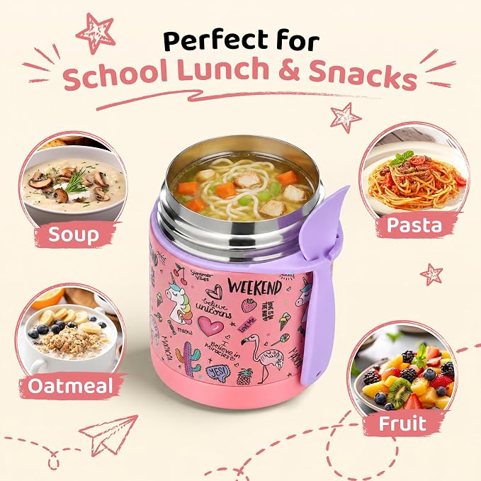 Pawtong 10oz Soup Thermo for Hot Food Kids Insulated Food Jar,Thermo Hot Food Lunch Container, Width Mouth Stainless Steel Lunch Box for Kids with Spoon (Pink-flamingo)