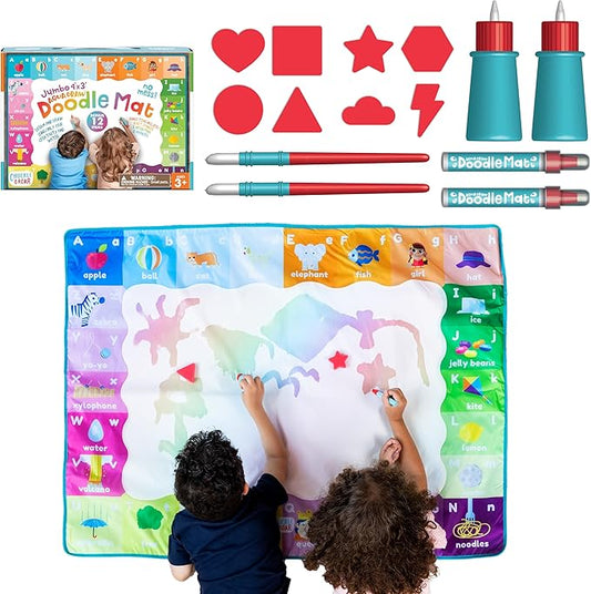 Chuckle & Roar Jumbo Water Doodle Mat – 4ft x 3ft Mess-Free Water Coloring Play Mat for Kids Ages 3+, Reusable Arts & Crafts Set with Brush Pens, Markers & Art Sponges