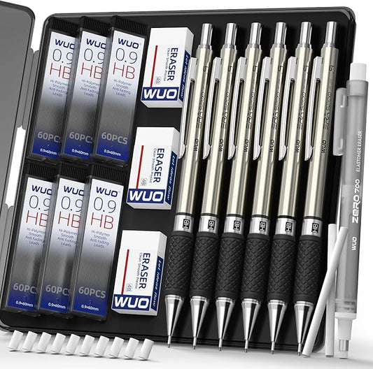 WUO 0.9 mm Mechanical Pencil Set with Eraser Pen Storage Case, 6 PCS | Metal Drafting Pencils, 360 HB Lead Refills, 3x4B Erasers, 12 Eraser Refills for School Artist Writing Drawing Sketching