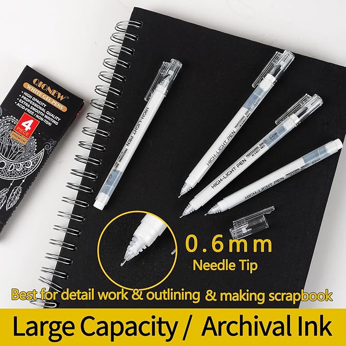 Qionew 0.6mm Fine Point White Gel Pens, 4 Pack Gel Ink Pen, for Artists Drawing, and Adult Coloring Books, Opaque White Ink for Black Paper,Sketching,Card Making, Bullet Journaling