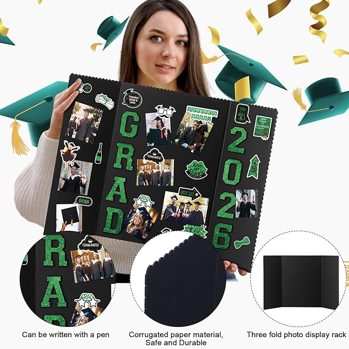 MiniInflat 4 Set 2026 Graduation Picture Trifold Poster Board Double-Sided Foldable Photo Display Board Graduation Decoration for Class of 2026 High School College DIY Craft(Green,24 x 16 Inches)