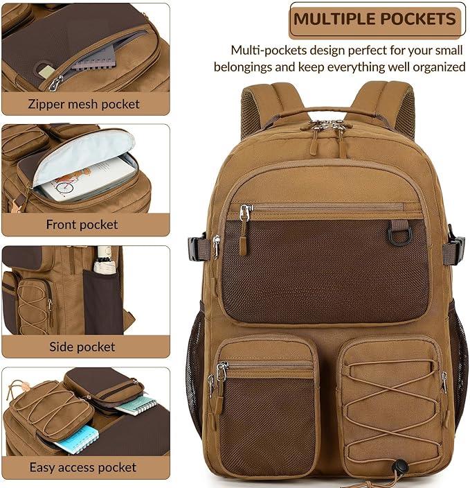 Lohol Water Resistant Backpack for School Travel College Travel, Large Bookbag with Mulitiple Pockets for Men and Women (Brown)