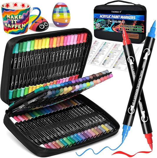 TANMIT 80 Colors Dual Tip Acrylic Paint Markers, Paint Pens Set with Brush Tip and Fine Tip For Fabric, Rock, Wood, Glass, Eggs, Scrapbook, DIY Crafts Making Art Supplies - Teacher Appreciation Gift