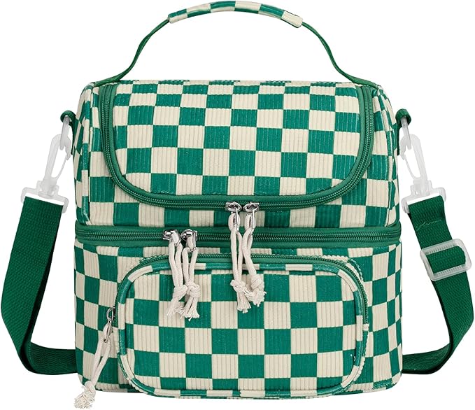 HowFly Lunch Bag for Women Insulated Lunch Boxes Corduroy Resuable Lunch Box for Girls Teens Kigs Boys Portable Thermal Cooler Bags for School Work, Green Checkered