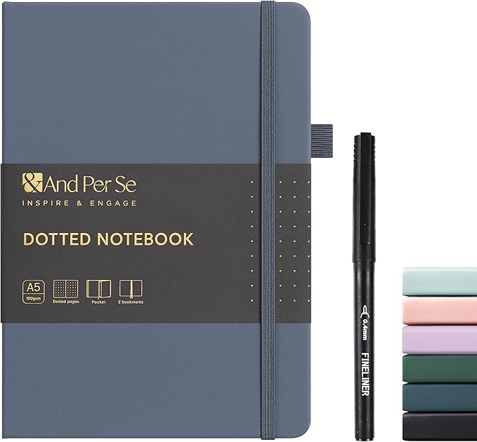 &And Per Se Dotted Journal Notebook, A5 Hardcover Dotted Notebook, 160 Pages 100GSM Thick Paper Dot Grid Journal with Fineliner Pen (Dark Blue)