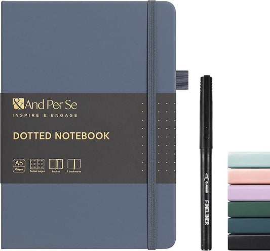 &And Per Se Dotted Journal Notebook, A5 Hardcover Dotted Notebook, 160 Pages 100GSM Thick Paper Dot Grid Journal with Fineliner Pen (Dark Blue)