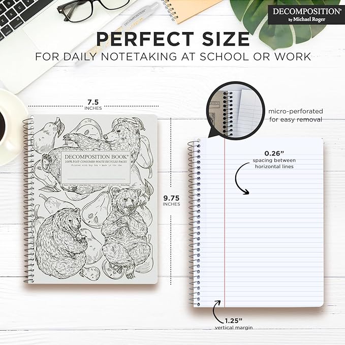 Decomposition Pear Bears College Ruled Spiral Notebooks – 9.75 x 7.5 Journal with 160 Lined Pages – Notebooks for School Supplies, Home & Office – 100% Recycled Paper – Made in USA