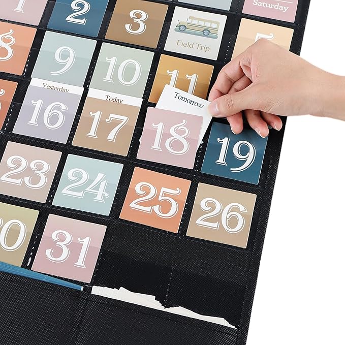 Boho Calendar Pocket Chart for Classroom Cards Add-On School Supplies Teacher Decorations Bulletin Board Pre-K To 6th Grade, Black-1
