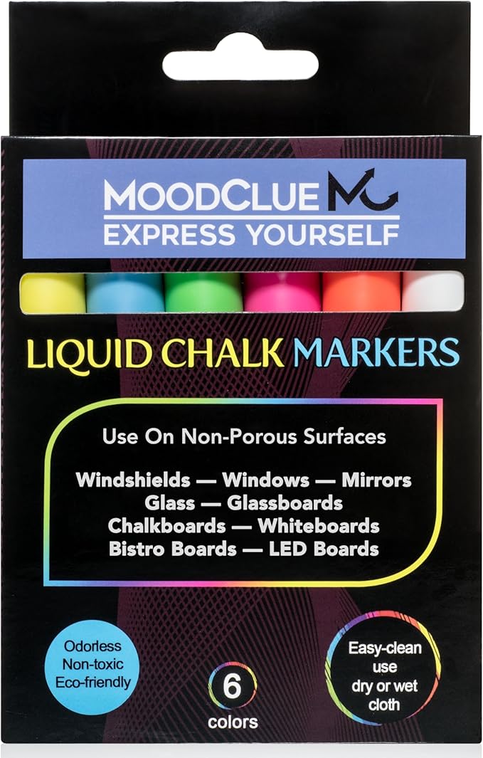 MoodClue Liquid chalk markers washable, erasable, dry or wet erase. 6 neon markers for whiteboards, glass boards, mirrors, chalkboards, windows, car windshields, glass. Non-toxic, reverse tip pens