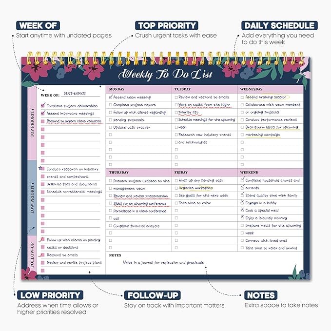 Taja Weekly To Do List Notepad with 52 Undated Sheets（8.5"×11"）- Weekly Desk Planner for Women & Man, Work and Home - 1 Pack Twilight Petals