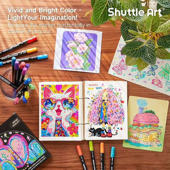 Shuttle Art 25 Colors Dual Tip Acrylic Paint Markers, Brush Tip and Fine Tip Acrylic Paint Pens for Rock, Ceramic, Wood, Canvas, Plastic, Glass, Stone, Calligraphy, Card Making, DIY Crafts