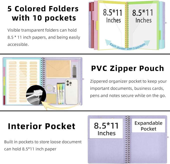 Ospelelf Foldable Spiral Clipboard Folio with Storage Zipper Pouch, 5 Plastic Folders with 10 Pockets, Refillable Lined Notepad (11" x 8.5"), Linen Hardcover Project Organizer (Light Purple)