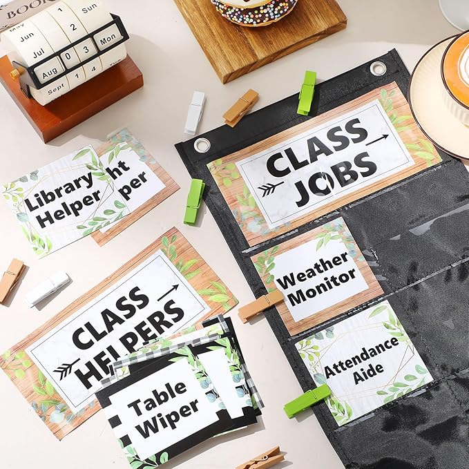 Pasimy Plant Class Jobs Pocket Chart Class Helpers Pocket Chart Classroom Jobs Cards with Clips and Hooks Teacher's Helper Bulletin Board Set for Back to School Classroom Teacher Supplies