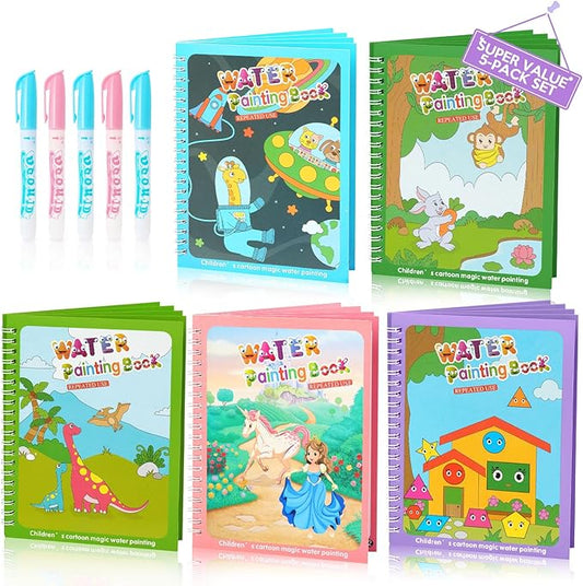 CMTOOP 5 Pack Water Coloring Books for Toddlers 1-3 - Mess Free Painting for Kids & Reusable Magic Water Activity Book - Aqua Art Travel Toys & Educational Arts and Crafts Gifts for Boys Girls Age 2-4