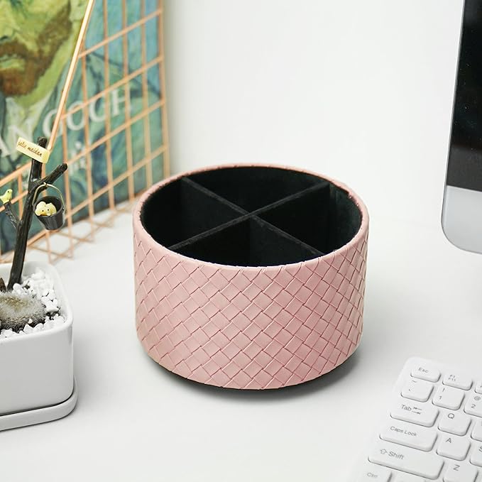 Round Leather Art Supply Organizer,Remote Control Holder,360 Degree Spinning,Multi-Functional Pencil Holder,4 Compartments Desktop Stationary Organizer(1-Weave Pink)