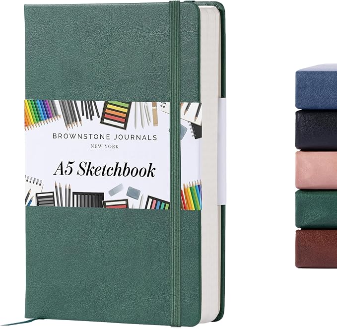 BROWNSTONE JOURNALS A5 Sketch Book Hardcover - 80 Sheets 100 GSM Paper 5"x8", Lay Flat, Vegan Leather Cover, Elastic Band, Back Pocket, Art Drawing Book (Dartmouth Green)