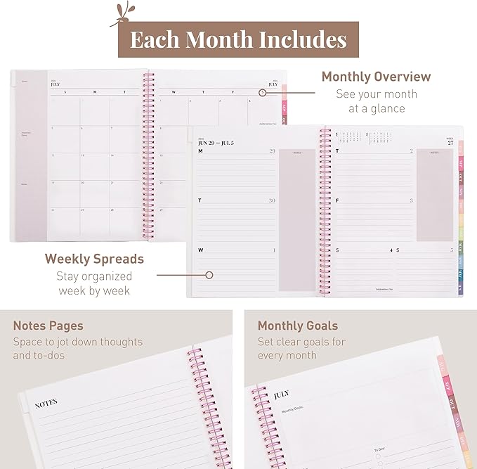 Rileys Academic Planner 2026-2027, Daily, Weekly & Monthly Planner, July 2026 - June 2027, Student Notes Pages, Twin-Wire Binding, Weekly Agenda for School & Work (8.5 x 11-Inches, Diagonal, Pink)