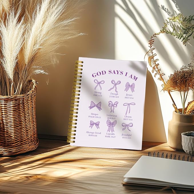 Bible Journal for Women, Christian Prayer Journal Pureple Notebook Gifts for Teen Girls Kids Women, Back To School Bible Study Supplies，Coquette Preppy Bows Cute Church Faith Journaling Hardcover Spiral Notebook 5.5 X 8.3