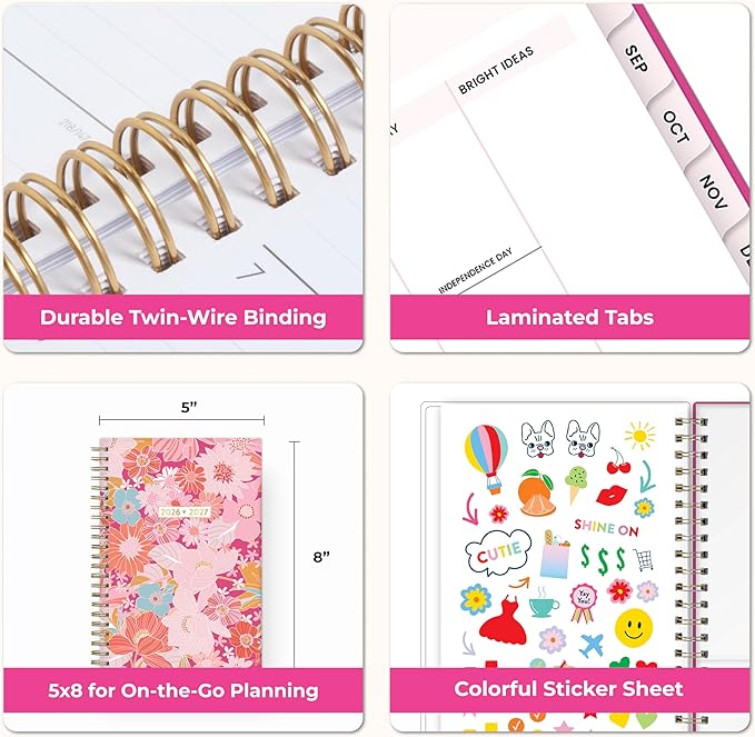 Blue Sky Color Me Courtney 2026-2027 Weekly and Monthly Academic Year Planner Calendar, July 2026 - June 2027, 5" x 8", Flexible Cover, Wirebound, Laminated Tabs, Storage Pocket, Includes Stickers, Bloom Pink