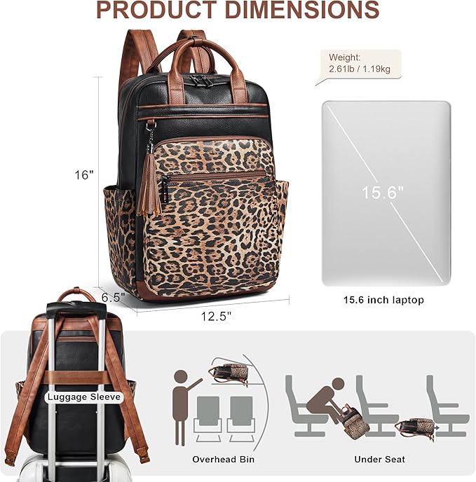 Shrrie Laptop Backpack for Women 15.6 inch Travel Leather Backpack Purse Work Computer Backpacks for Business College Black With Leopard