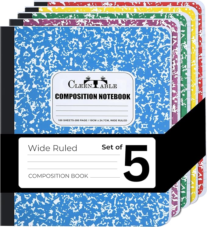 CLEENTABLE Composition Notebook 5 Pack, Wide Ruled Paper, Marble Cover Notebooks for School, 9.75 x 7.5 Inches, 100 Sheets (200 Pages), Sewn Binding Comp Books, Multicolor