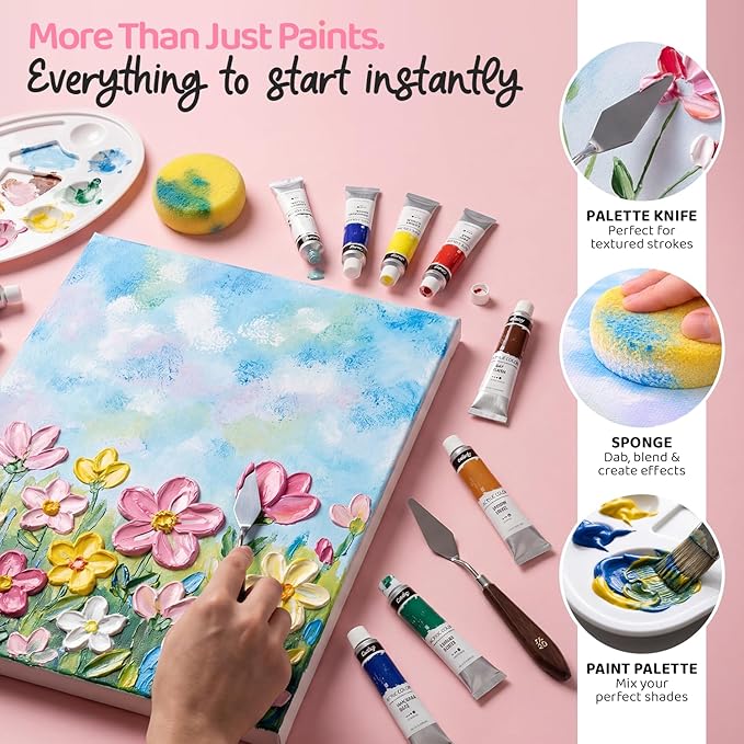 Chalkola Acrylic Paint Set for Adults & Kids - 56 Pcs Canvas Painting Kit with 32 Paints (22ml), 10 Brushes, 10 Canvases, Tabletop Easel, Palette, Knife - Professional Craft & Art Painting Supplies