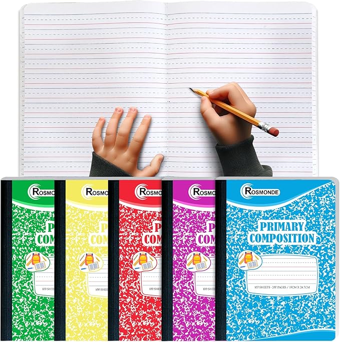 Rosmonde 5 Pack Primary Composition Notebooks, 200 Pages (100 Sheets), Grades K-2 Writing Workbook, 9-3/4" x 7-1/2", Primary Composition Notebook, Writing Dotted Lined, Assorted Marble