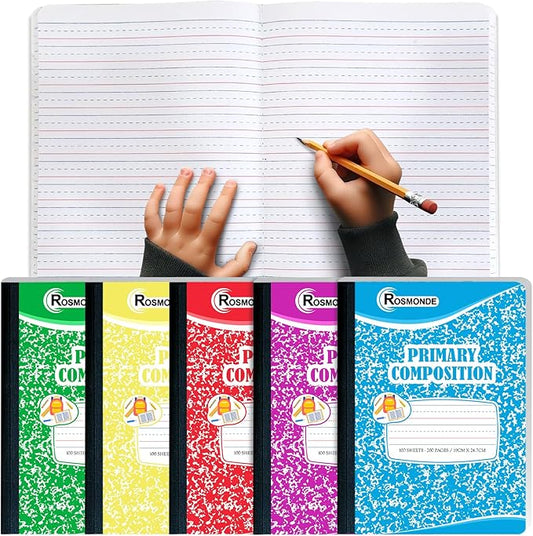 Rosmonde 5 Pack Primary Composition Notebooks, 200 Pages (100 Sheets), Grades K-2 Writing Workbook, 9-3/4" x 7-1/2", Primary Composition Notebook, Writing Dotted Lined, Assorted Marble