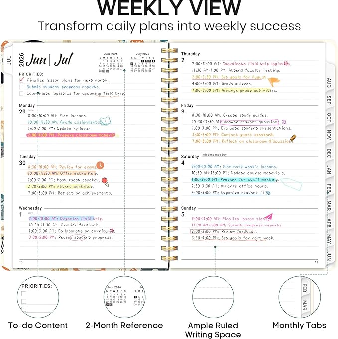 Academic Planner 2026-2027, Weekly and Monthly Calendar Book, July 2026 – June 2027, Hardcover Planner with Tabs, Perfect for Teachers, Students, Women & Men, A4 (8.5" x 11") - Mushrooms Grovel
