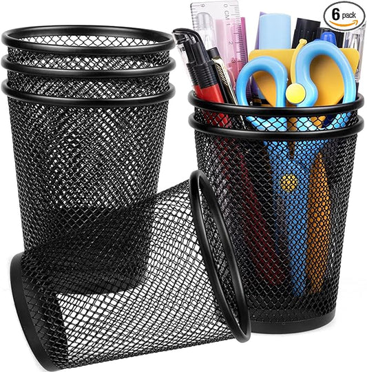 QYH Mesh Pencil Holder Metal Pen Cup Black for Desk, 6 Pack Office Desk Organizer for Business, School & Home